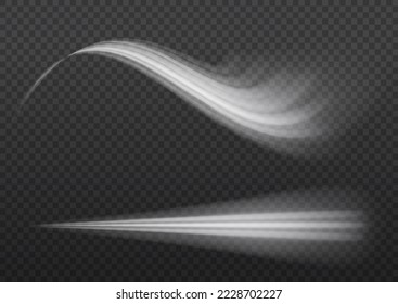 Rotating shining waves of speed. Dynamic white motion wave. Glowing spiral lines effect. Curved line light. Glittering wavy trail. Swirling glow neon trails. Sparkling swirl with flare sparkles vector