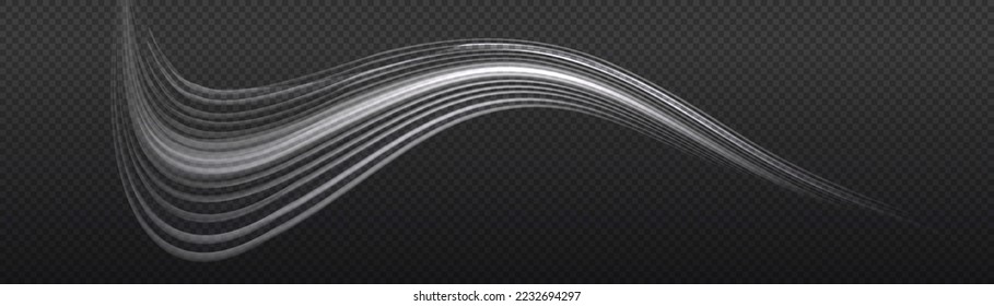 Rotating shining waves of speed. Dynamic white motion wave. Glowing spiral lines effect. Curved line light. Glittering wavy trail. Swirling glow neon trails. Sparkling swirl with flare sparkles vector