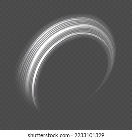 Rotating shining waves of speed. Dynamic white motion wave. Glowing spiral lines effect. Curved line light. Glittering wavy trail. Swirling glow neon trails. Sparkling swirl with flare sparkles vector
