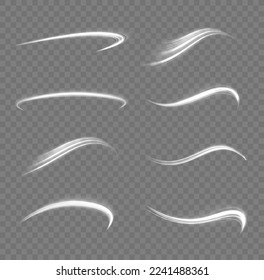 Rotating shining waves of speed. Dynamic white motion wave. Glowing spiral lines effect. Curved line light. Glittering wavy trail. Swirling glow neon trails. Sparkling swirl with flare sparkles vector