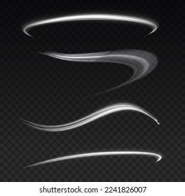 Rotating shining waves of speed. Dynamic white motion wave. Glowing spiral lines effect. Curved line light. Glittering wavy trail. Swirling glow neon trails. Sparkling swirl with flare sparkles vector