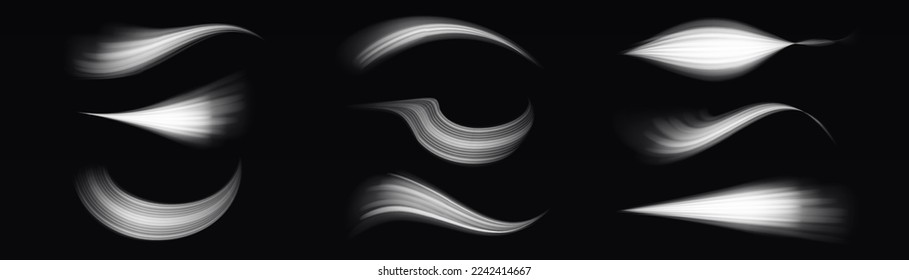 Rotating shining waves of speed. Dynamic white motion wave. Glowing spiral lines effect. Curved line light. Glittering wavy trail. Swirling glow neon trails. Sparkling swirl with flare sparkles vector