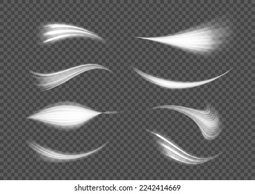 Rotating shining waves of speed. Dynamic white motion wave. Glowing spiral lines effect. Curved line light. Glittering wavy trail. Swirling glow neon trails. Sparkling swirl with flare sparkles vector