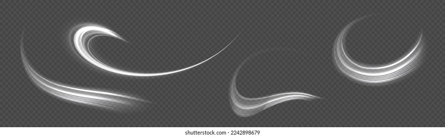 Rotating shining waves of speed. Dynamic white motion wave. Glowing spiral lines effect. Curved line light. Glittering wavy trail. Swirling glow neon trails. Sparkling swirl with flare sparkles vector