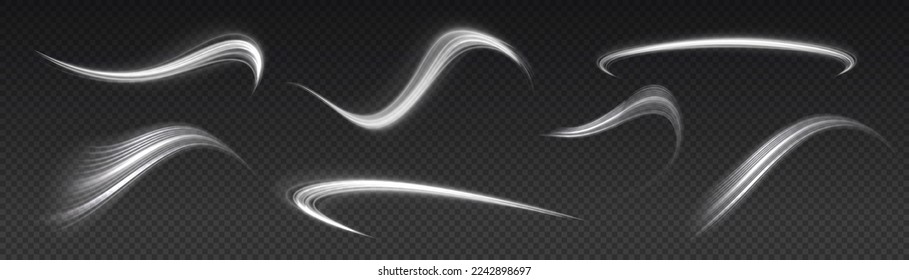 Rotating shining waves of speed. Dynamic white motion wave. Glowing spiral lines effect. Curved line light. Glittering wavy trail. Swirling glow neon trails. Sparkling swirl with flare sparkles vector