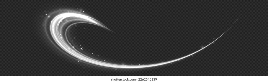 Rotating shining waves of speed. Glowing spiral lines effect. Sparkling swirl with flare sparkle. Swirling glow neon wavy. Dynamic white motion wave twist. Curved line light. Glittering trail, vector