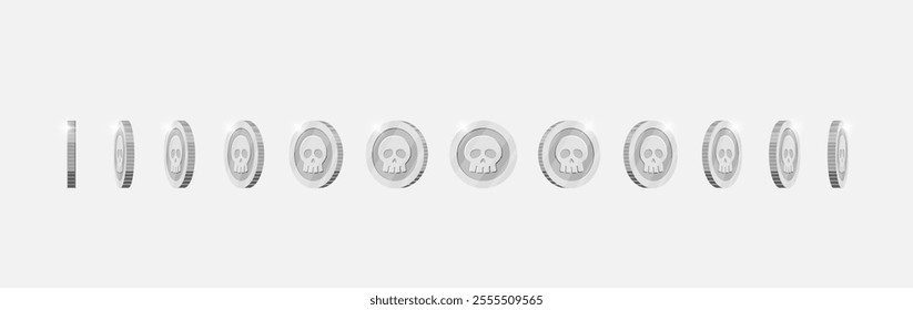 Rotating silver coin animation for gaming apps. Metal token featuring skull motif moves at changing angles. Symbol of success spinning fluidly. Flat 3D design for digital interfaces.