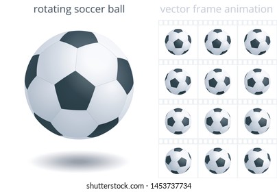 Balón de fútbol rotativo. Objeto vectorial 3d realista. Secuencia de fotogramas para animación GIF, flash, CSS. Giro en bucle. 12 fotogramas por segundo. Hoja hueca. Icono animado de un equipo de fútbol. Juego de bolas