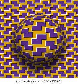Rotating sphere of zigzag shapes pattern. Vector purple golden optical illusion background.