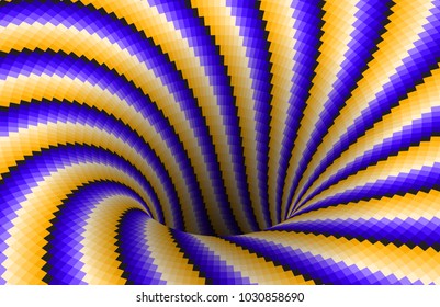 Rotating spiral patterned hole of yellow blue stripes. Vector optical illusion background.