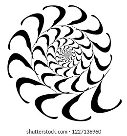 Rotating spiral symmetrical pattern. Abstract black silhouette.