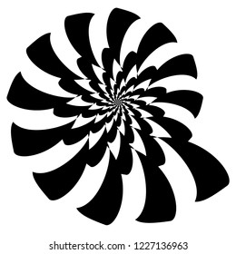 Rotating spiral symmetrical pattern. Abstract black silhouette.
