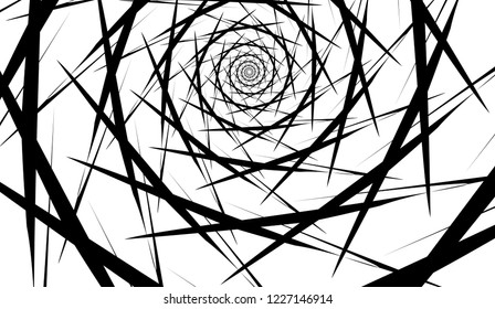 Rotating spiral symmetrical pattern. Abstract black silhouette.