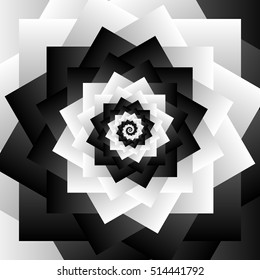 Rotating spiral w squares. Artistic grayscale geometric background.