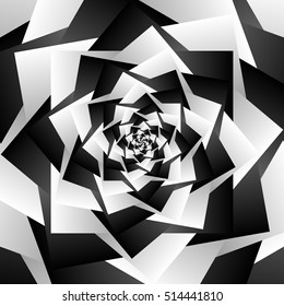 Rotating spiral w squares. Artistic grayscale geometric background.