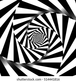 Rotating spiral w squares. Artistic grayscale geometric background.