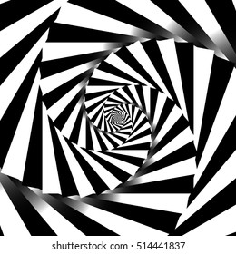 Rotating spiral w squares. Artistic grayscale geometric background.