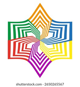 Ícone de estrela em rotação. Banda de arco-íris floresce. Vetor de rotação radiante. Harmonia geométrica em espiral.