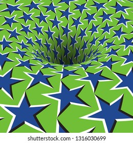 Rotating starry patterned hole. Vector optical illusion background.