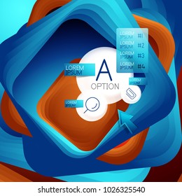 Rotating swirl square background, color rectangles with stepping blending effect with sample infographics or slogan. Business presentation template. Vector abstract background with 3d square effect