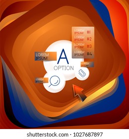 Drehbarer quadratischer Hintergrund, Farbrechtecke mit Stepping-Effekt mit Beispielinfografien oder Slogan. Vorlage für Geschäftspräsentationen. Abstrakter Vektorhintergrund mit 3D-Quadrat-Effekt
