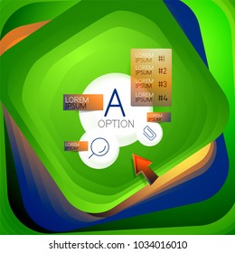 Rotating swirl square background, color rectangles with stepping blending effect with sample infographics or slogan. Business presentation template. Vector abstract background with 3d square effect
