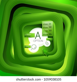 Drehbarer quadratischer Hintergrund, Farbrechtecke mit Stepping-Effekt mit Beispielinfografien oder Slogan. Vorlage für Geschäftspräsentationen. Abstrakter Vektorhintergrund mit 3D-Quadrat-Effekt