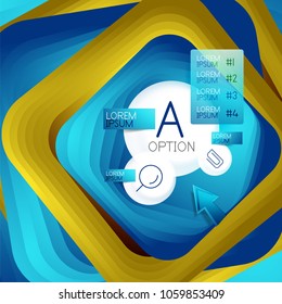 Rotating swirl square background, color rectangles with stepping blending effect with sample infographics or slogan. Business presentation template. Vector abstract background with 3d square effect