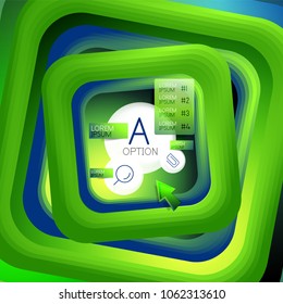 Rotando el fondo cuadrado de la giratoria, rectángulos de color con efecto de fusión escalonada con infografía de ejemplo o lema. Plantilla de presentación comercial. Fondo abstracto vectorial con efecto cuadrado 3d
