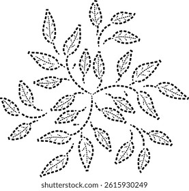 Rotating and Swirling ONLY LEAVES Dashed lines Geometric Leaf Mandala Pattern, Hand drawn Geometric Leaf Mandala Design Element for Embroidery cushion curtain fabric, Vintage Leaf vector illustration