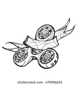 Rotating toy for hands. Spinner and ribbon banner. A spaceship with four round parts.