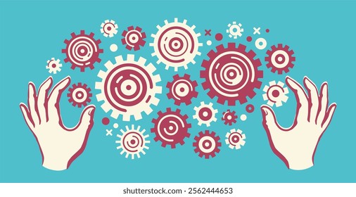 Rotating turning gears regulate hands. Illustration for business, engineering, administration, workflow system, support