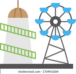 rotating upright wheel vector color icon design, Ferris Wheel with Carousel Stairs concept, joyland and amusement park things on white bakcground,