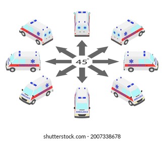 Rotation of the ambulance by 45 degrees. Ambulance in different angles in isometric.