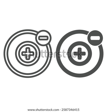 Rotation around positive atom line and solid icon, atomic energy concept. Vector graphics. Plus and minus structure sign on white background, outline style icon for mobile or web design