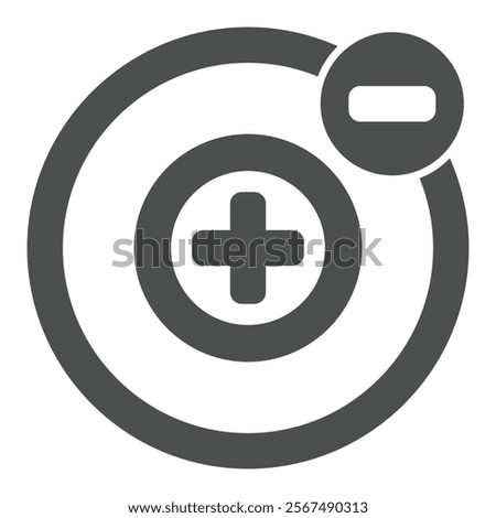 Rotation around positive atom solid icon, atomic energy concept. Vector graphics. Plus and minus structure sign on white background, glyph style icon for mobile or web design