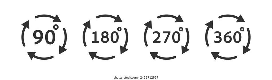 Icono de flecha de rotación de 360 grados. Ángulo circular 180, 270, 90 grados.