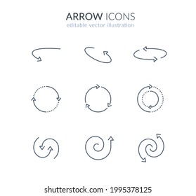 rotation arrow icon set: circle, round, rotate, refresh, loop, spin, swirl, spiral line arrows. editable stroke vector illustration