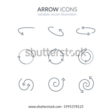 rotation arrow icon set: circle, round, rotate, refresh, loop, spin, swirl, spiral line arrows. editable stroke vector illustration