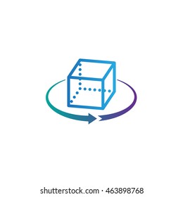 rotation arrow sign. 3d cube symbol. line icon, outline vector logo illustration, linear pictogram isolated on white
