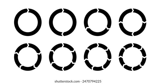 Flechas de rotación en movimiento circular. Combinaciones de flecha de círculo. Conjunto de infografías circulares. Diagrama gráfico. Elemento de diseño. Ilustración vectorial aislada sobre fondo blanco.