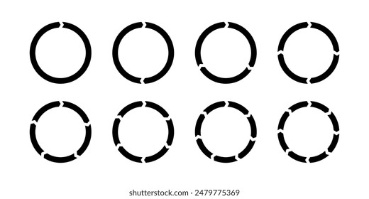 Drehpfeile in Kreisbewegung. Kombinationen von Kreispfeilen. Satz kreisförmiger Infografiken. Grafisches Diagramm. Designelement. Vektorillustration isoliert auf weißem Hintergrund.