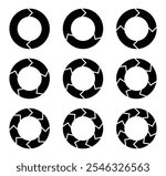 Rotation arrows in circular motion. Set of circular diagram infographic set. Cycle diagram with arrows set. Rotation round cycle vector scheme process template.