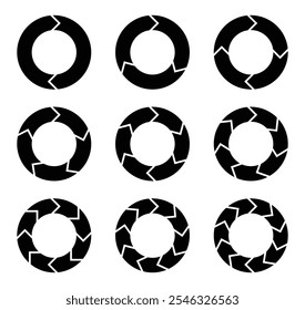 Setas de rotação em movimento circular. Conjunto de infográficos de diagrama circular. Diagrama de ciclo com setas definidas. Modelo de processo de esquema de vetor de ciclo de rotação.