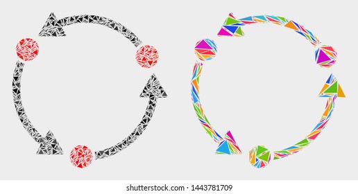Rotation arrows collage icon of triangle items which have various sizes and shapes and colors. Geometric abstract vector illustration of rotation arrows.