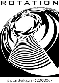 Rotation. Black and white poster with abstract rotating geometric shapes. Vector graphics