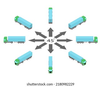 Rotation of blue semi-trailer truck by 45 degrees. Truck in different angles in isometric view.