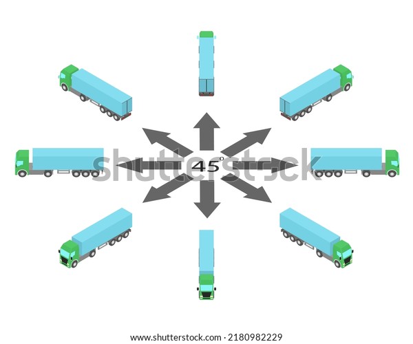 Rotation of blue semi-trailer truck by\
45 degrees. Truck in different angles in isometric\
view.