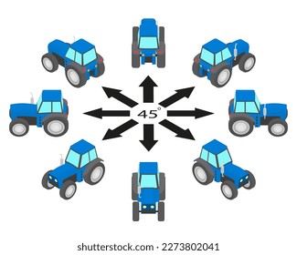 Rotation des blauen Traktors um 45 Grad. Die Kabinenschlepper in verschiedenen Winkeln in isometrischer Sicht.
