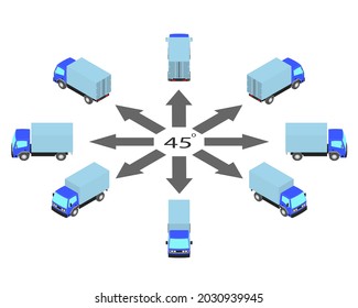 Rotation of blue truck by 45 degrees. Lorry in different angles in isometric view.